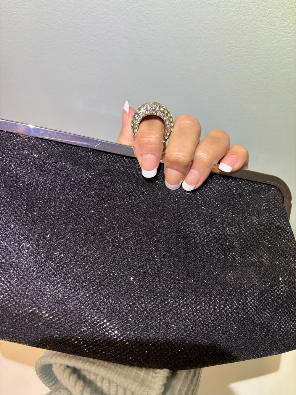 Jessica McClintock Sparkly Black Evening Clutch Rhinestone Finger Hold & Chain